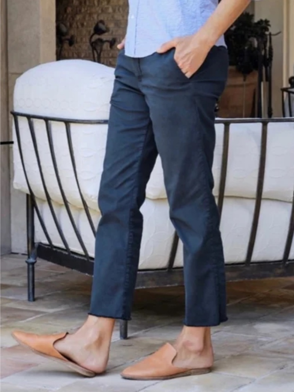Frank & Eileen Wicklow Italian Cropped Raw Hem Chino Pants Dark Blue Women's